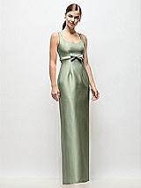 Front View Thumbnail - Sage Scoop Neck Satin Column Maxi Dress with Bow at Empire Waist
