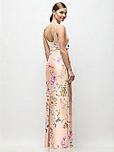 Rear View Thumbnail - Butterfly Botanica Pink Sand Scoop Neck Floral Satin Column Maxi Dress with Bow at Empire Waist
