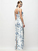 Rear View Thumbnail - Cottage Rose Larkspur Scoop Neck Floral Satin Column Maxi Dress with Bow at Empire Waist