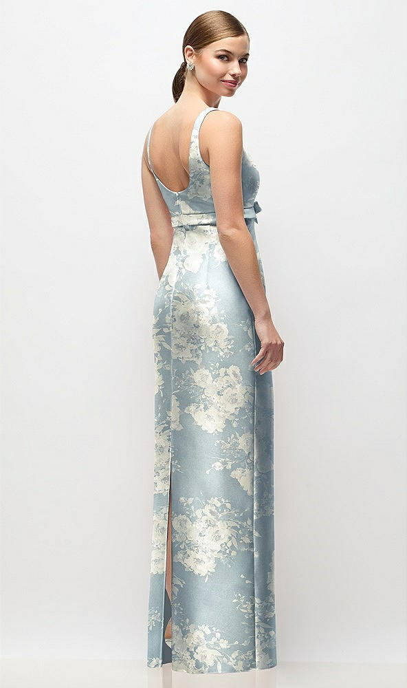 Back View - Porcelain Blue Seraphina Floral Scoop Neck Floral Satin Column Maxi Dress with Bow at Empire Waist