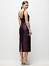 Rear View Thumbnail - Deep Plum Scoop Neck Satin Column Midi Dress with Bow at Empire Waist