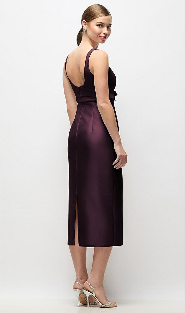 Back View - Deep Plum Scoop Neck Satin Column Midi Dress with Bow at Empire Waist