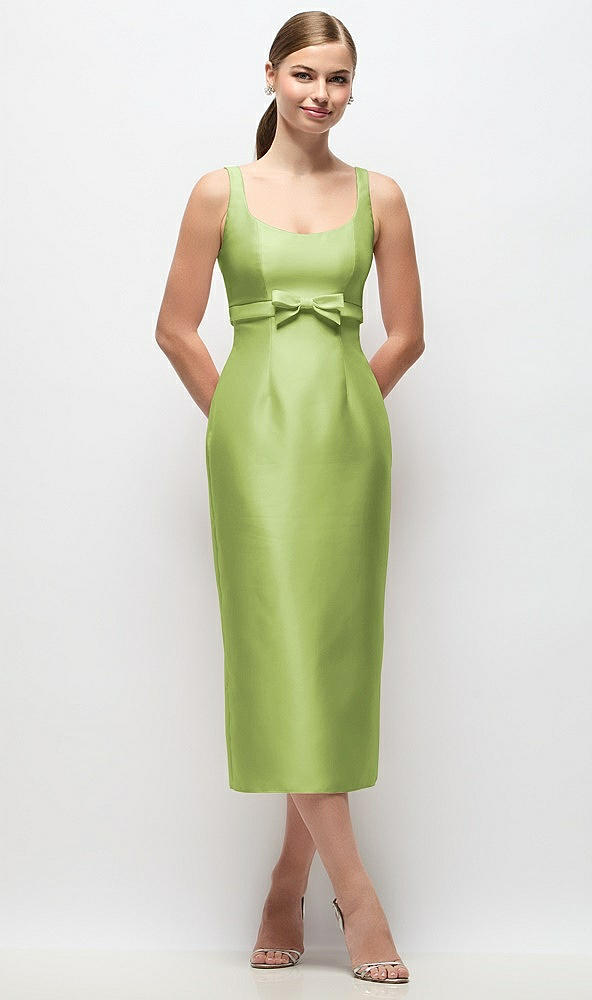 Front View - Mojito Scoop Neck Satin Column Midi Dress with Bow at Empire Waist
