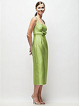 Side View Thumbnail - Mojito Scoop Neck Satin Column Midi Dress with Bow at Empire Waist