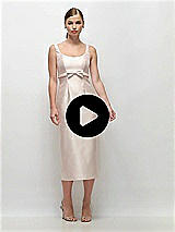 Video 1 Thumbnail - Ivory Scoop Neck Satin Column Midi Dress with Bow at Empire Waist