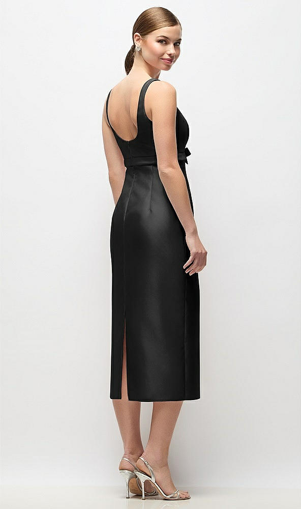 Back View - Black Scoop Neck Satin Column Midi Dress with Bow at Empire Waist