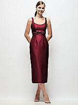 Front View Thumbnail - Cabernet Scoop Neck Satin Column Midi Dress with Bow at Empire Waist