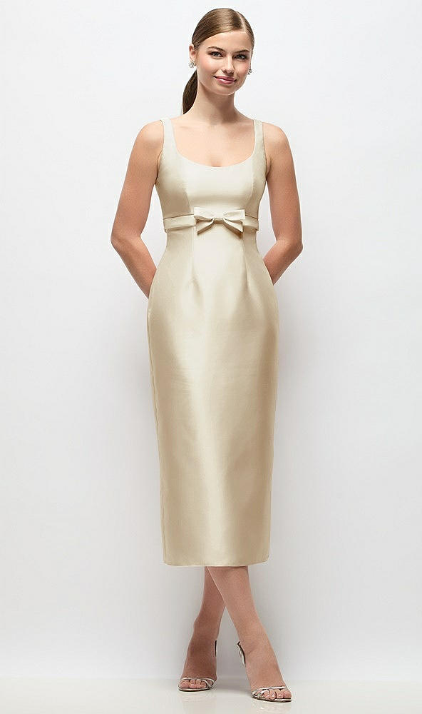 Front View - Champagne Scoop Neck Satin Column Midi Dress with Bow at Empire Waist