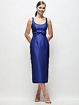 Front View Thumbnail - Cobalt Blue Scoop Neck Satin Column Midi Dress with Bow at Empire Waist
