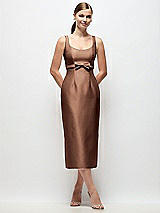 Front View Thumbnail - Cognac Scoop Neck Satin Column Midi Dress with Bow at Empire Waist