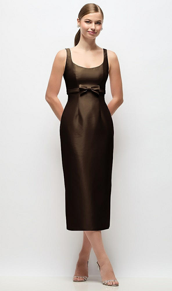 Front View - Espresso Scoop Neck Satin Column Midi Dress with Bow at Empire Waist