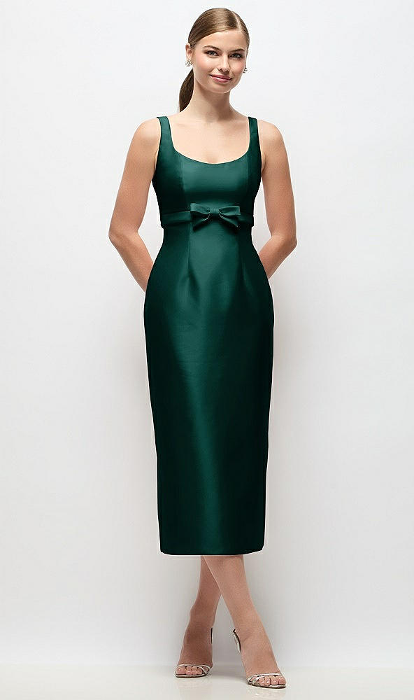 Front View - Evergreen Scoop Neck Satin Column Midi Dress with Bow at Empire Waist