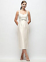 Front View Thumbnail - Ivory Scoop Neck Satin Column Midi Dress with Bow at Empire Waist
