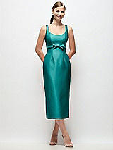 Front View Thumbnail - Jade Scoop Neck Satin Column Midi Dress with Bow at Empire Waist