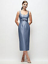Front View Thumbnail - Larkspur Blue Scoop Neck Satin Column Midi Dress with Bow at Empire Waist