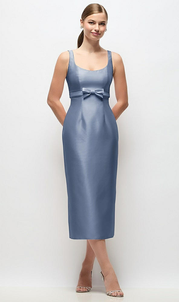 Front View - Larkspur Blue Scoop Neck Satin Column Midi Dress with Bow at Empire Waist