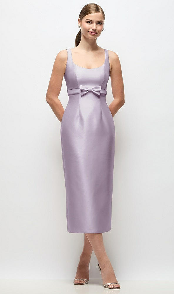 Front View - Lilac Haze Scoop Neck Satin Column Midi Dress with Bow at Empire Waist
