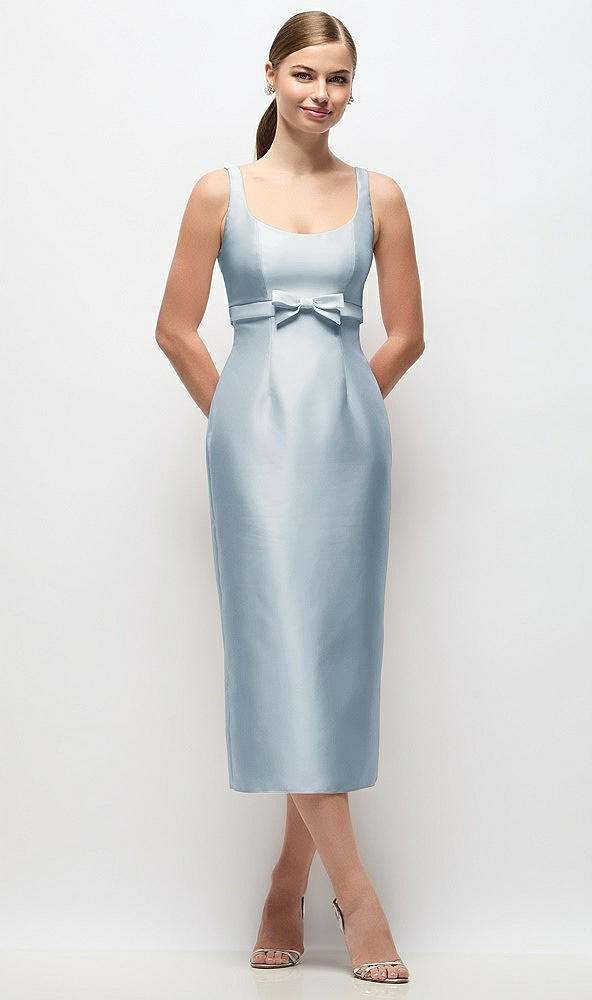 Front View - Mist Scoop Neck Satin Column Midi Dress with Bow at Empire Waist