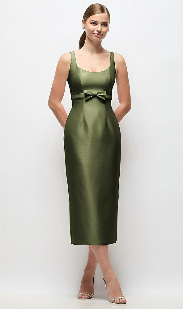Front View - Olive Green Scoop Neck Satin Column Midi Dress with Bow at Empire Waist