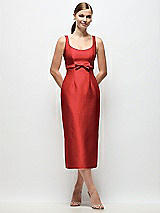 Front View Thumbnail - Poppy Red Scoop Neck Satin Column Midi Dress with Bow at Empire Waist
