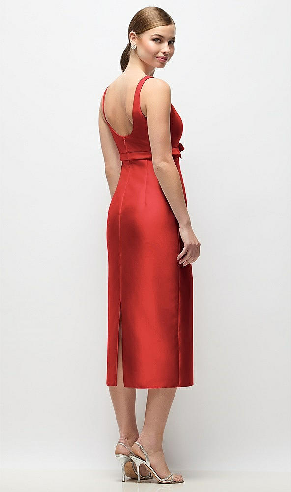 Back View - Poppy Red Scoop Neck Satin Column Midi Dress with Bow at Empire Waist