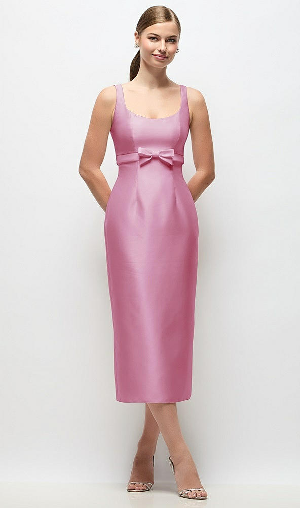 Front View - Powder Pink Scoop Neck Satin Column Midi Dress with Bow at Empire Waist