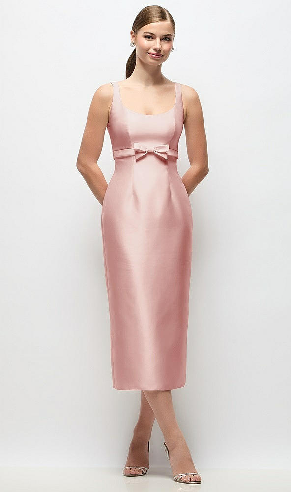 Front View - Rose Scoop Neck Satin Column Midi Dress with Bow at Empire Waist