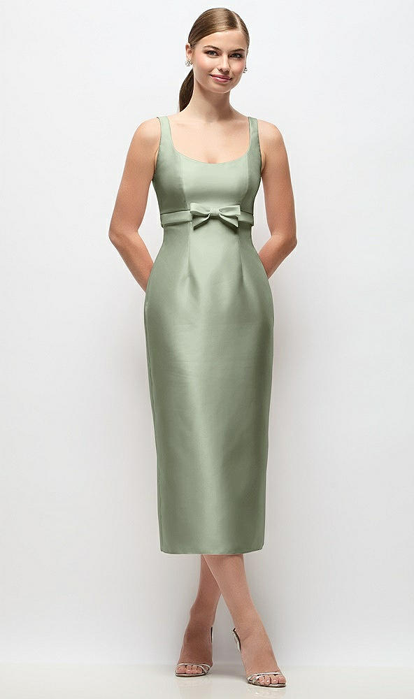 Front View - Sage Scoop Neck Satin Column Midi Dress with Bow at Empire Waist