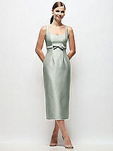 Front View Thumbnail - Willow Green Scoop Neck Satin Column Midi Dress with Bow at Empire Waist