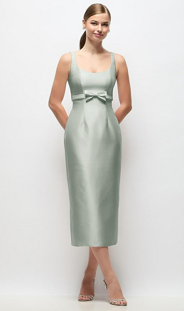 Front View - Willow Green Scoop Neck Satin Column Midi Dress with Bow at Empire Waist