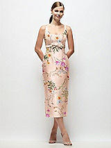 Front View Thumbnail - Butterfly Botanica Pink Sand Scoop Neck Floral Satin Column Midi Dress with Bow at Empire Waist