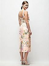 Rear View Thumbnail - Butterfly Botanica Pink Sand Scoop Neck Floral Satin Column Midi Dress with Bow at Empire Waist