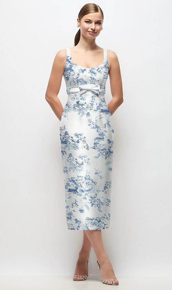 Front View - Cottage Rose Larkspur Scoop Neck Floral Satin Column Midi Dress with Bow at Empire Waist