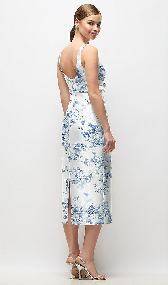 Back View - Cottage Rose Larkspur Scoop Neck Floral Satin Column Midi Dress with Bow at Empire Waist