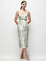 Front View Thumbnail - Sage Cottage Rose Scoop Neck Floral Satin Column Midi Dress with Bow at Empire Waist