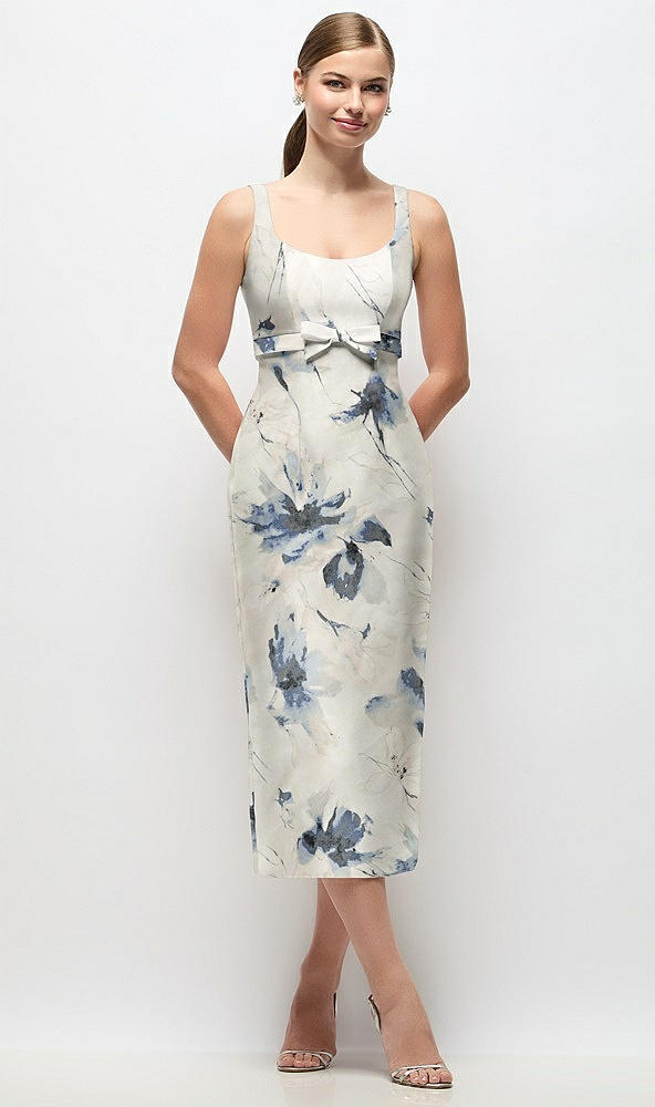 Front View - Inkwash Blue Floral Scoop Neck Floral Satin Column Midi Dress with Bow at Empire Waist