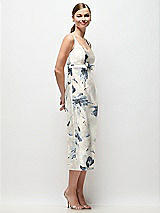Side View Thumbnail - Inkwash Blue Floral Scoop Neck Floral Satin Column Midi Dress with Bow at Empire Waist