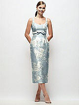 Front View Thumbnail - Porcelain Blue Seraphina Floral Scoop Neck Floral Satin Column Midi Dress with Bow at Empire Waist