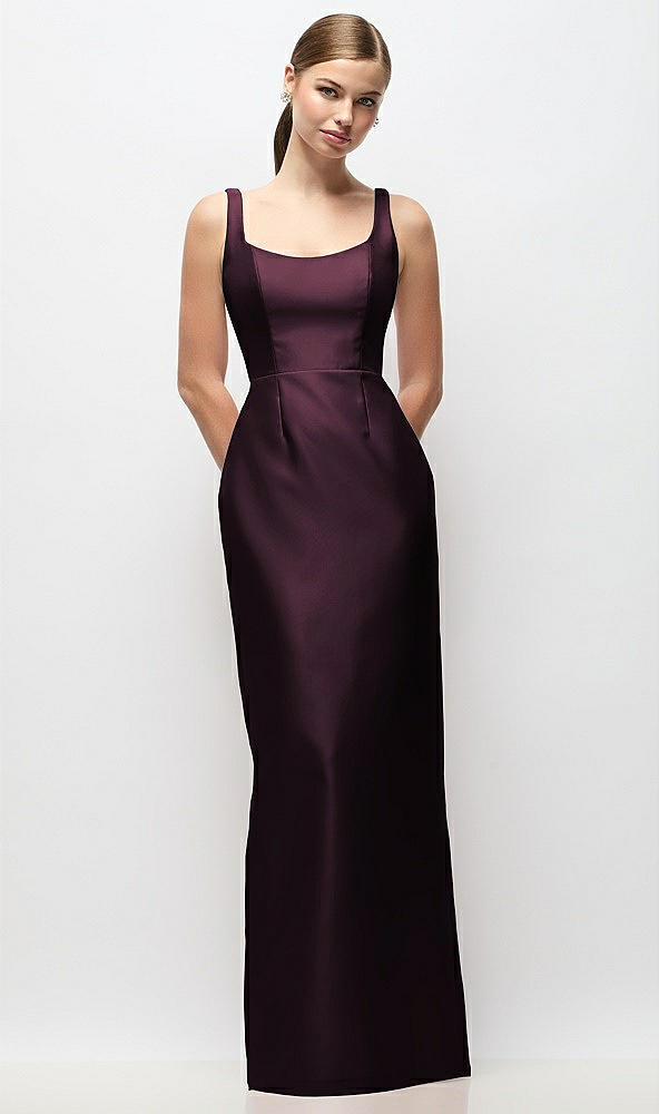 Front View - Deep Plum Scoop Neck Satin Column Maxi Dress
