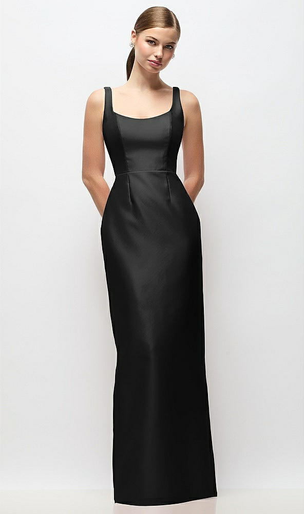 Front View - Black Scoop Neck Satin Column Maxi Dress