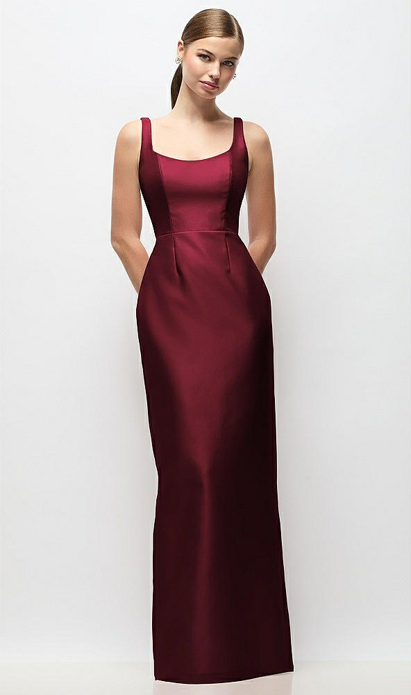 Front View - Cabernet Scoop Neck Satin Column Maxi Dress