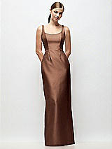 Front View Thumbnail - Cognac Scoop Neck Satin Column Maxi Dress