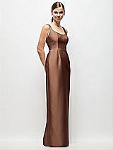 Side View Thumbnail - Cognac Scoop Neck Satin Column Maxi Dress