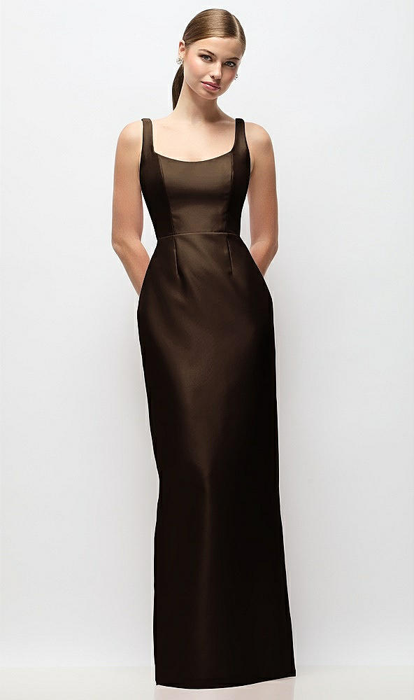 Front View - Espresso Scoop Neck Satin Column Maxi Dress