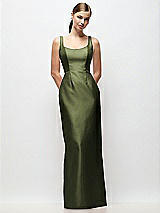 Front View Thumbnail - Olive Green Scoop Neck Satin Column Maxi Dress