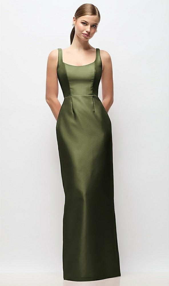 Front View - Olive Green Scoop Neck Satin Column Maxi Dress