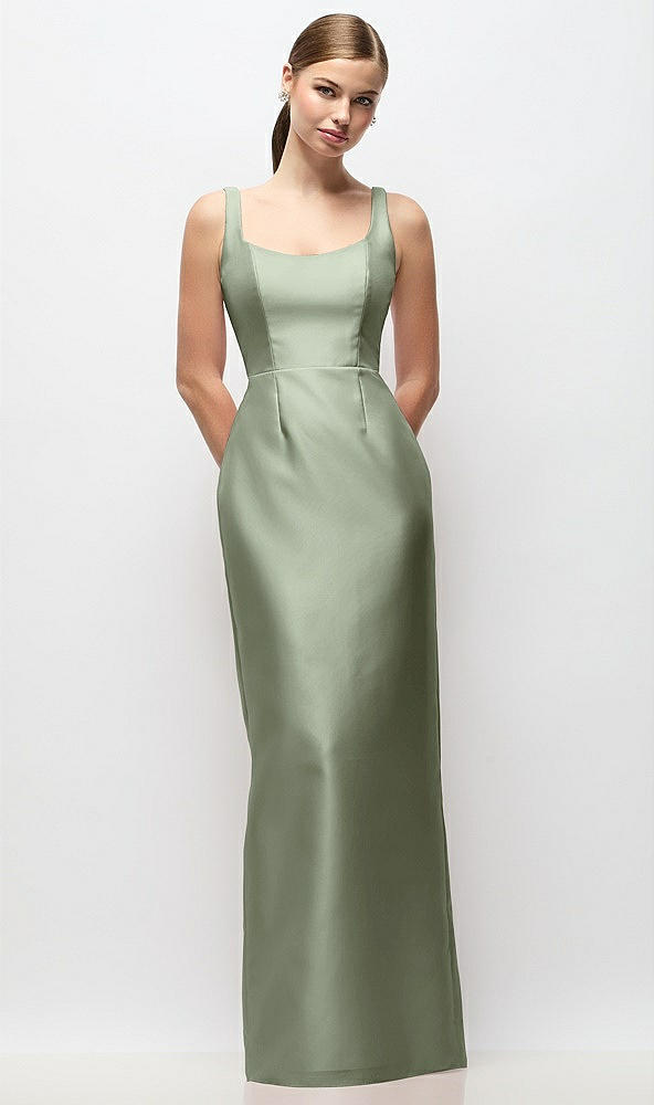 Front View - Sage Scoop Neck Satin Column Maxi Dress