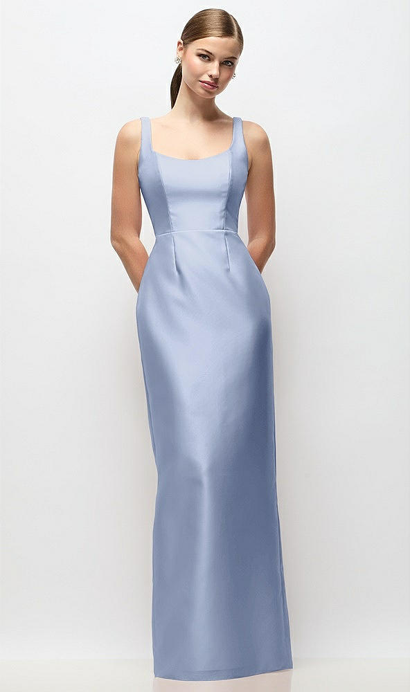 Front View - Sky Blue Scoop Neck Satin Column Maxi Dress