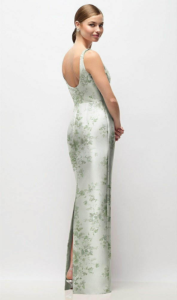 Back View - Sage Cottage Rose Scoop Neck Floral Satin Column Maxi Dress