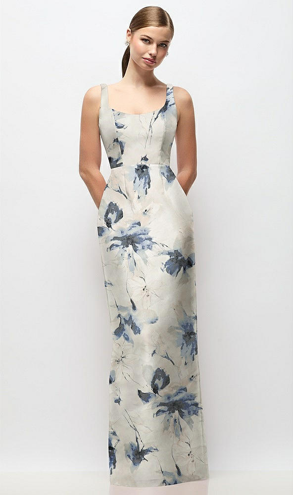 Front View - Inkwash Blue Floral Scoop Neck Floral Satin Column Maxi Dress
